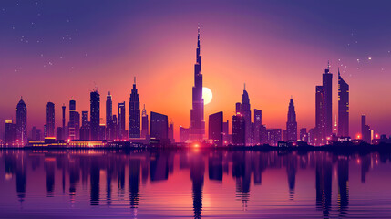 Fototapeta premium Stunning silhouette of a modern city skyline at sunset, with tall skyscrapers reflecting in the calm water in a vibrant evening hues.