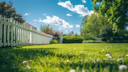 a suburban yard bright and sunny, green manicured lawn, white picket fence, cinematic style, minimalist, empty background, blue sky, eye level shot.