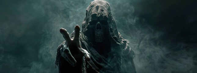 Fototapeta premium A Grim Reaper Figure With A Skull Mask Reaches Out From The Mist