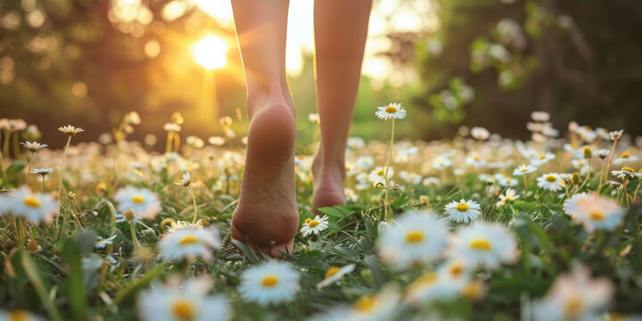 Woman walking barefoot outdoors in a field full of wild flowers, grounding concept.	