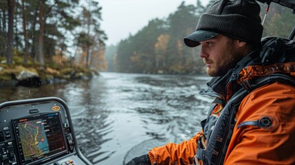 Obraz premium A man wearing a hat and orange jacket navigates a boat on a river. The river is flowing and there is a screen showing a map.