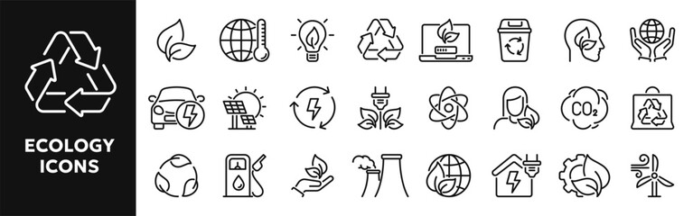 Set of vector line icons related to ecology and pollution, environment care, alternative energy. Symbols for website or app ui, logo design, illustration