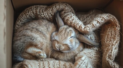 Rabbit curled up inside a cozy cardboard box, sleeping peacefully