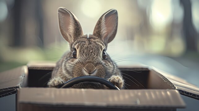 Rabbit driving a cardboard box car, with a tiny steering wheel and a determined expression
