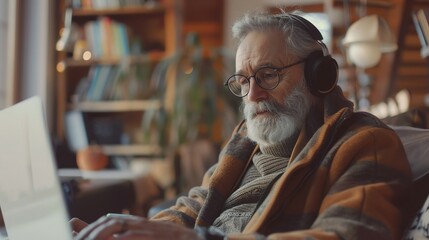 Obraz premium Senior man enjoying music while working on laptop in a cozy home environment, headphones and productivity