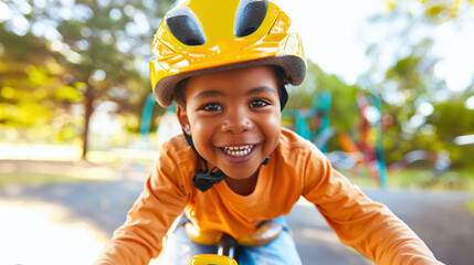 little happy toddler wearing safety helmet learning to ride a bicycle in the park, outdoor activities
