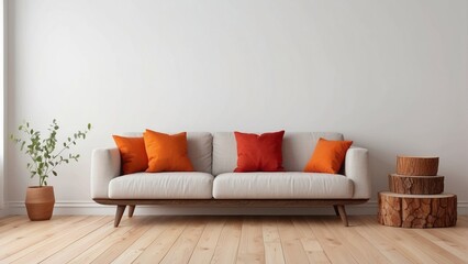 Interior home of living room with comfortable couch and orange red pillow and stump log table on white wall copy space