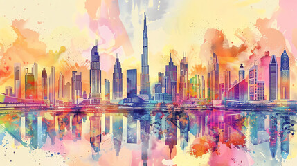 Vibrant watercolor painting of a modern city skyline with reflections in the water, featuring colorful skyscrapers and beautiful architecture.