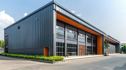 Exterior of a modern warehouse with a small office unit 