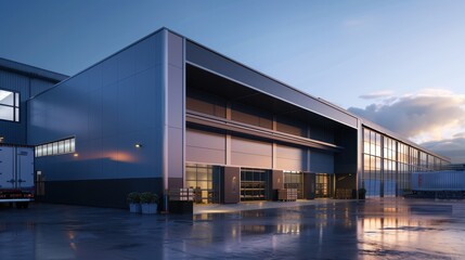 Obraz premium Exterior of a modern warehouse with a small office unit 