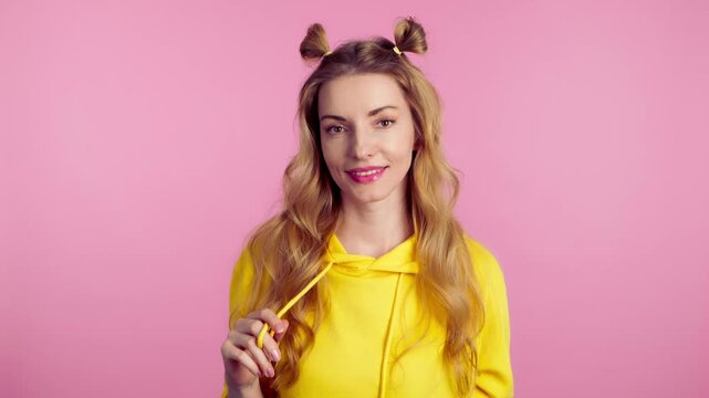 Confusion, shame and young woman spreading hands say oops ouch oh omg i am so sorry. Shy female lady, uncertain emotion with doubt problem, hand gesture with mockup in studio on pink background