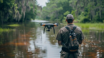 Fototapeta premium A man operates a drone over a river in a wooded area.