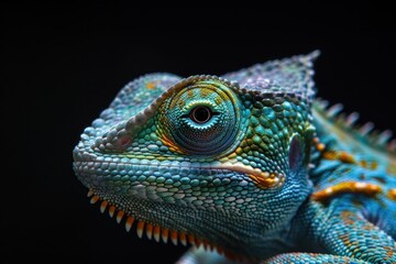 Fototapeta premium Colorful chameleon with bright blue eyes in a dark background nature, wildlife, animal, reptile, unique, closeup, beauty, vibrant