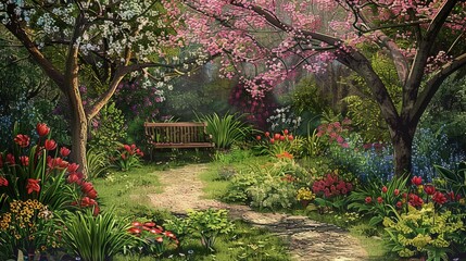 Springtime Garden Path with Bench.