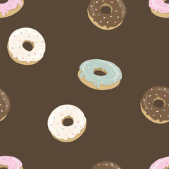 Sweet colorful Donut seamless pattern, pastel colors, vector birthday party pattern, brown background