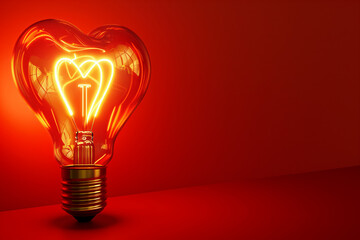 Light bulb with glowing heart shaped filament on a red background.