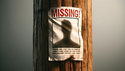 Weathered Missing Person Poster on Wooden Pole with Blurred Photo and Burned Edges International day of the Disappeared