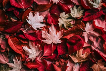 The image is of a pile of fallen red maple leaves.

