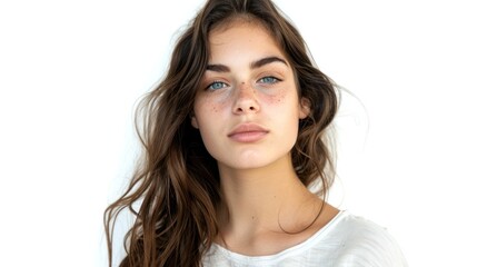 A striking portrait of a woman with mesmerizing eyes, captivating attention effortlessly. isolated white background