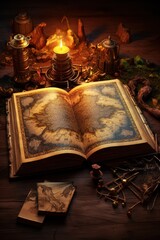 Fantasy background with ancient magic book and map