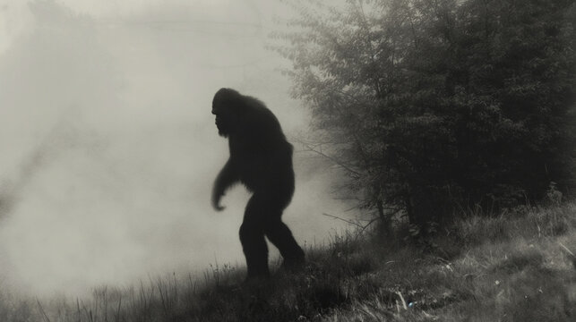 Bigfoot walking away in a foggy forest, a cryptid sighting - Powered by Adobe