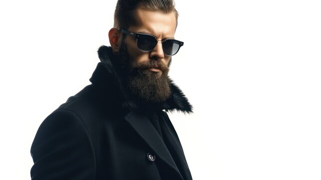 A stylish man with an intense gaze, commanding attention and respect. isolated white background