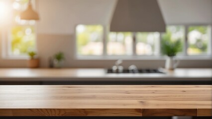 empty wooden table top counter on blur defocused bokeh modern kitchen background for product montage