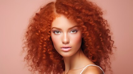 Beautiful, sexy, happy smiling dark-skinned African American woman with perfect skin and red hair, on a pink background, banner.