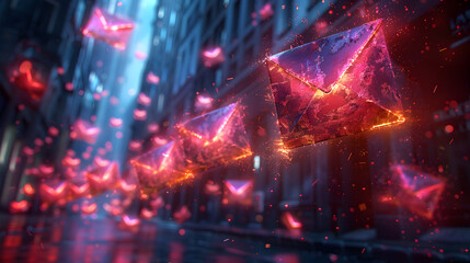 Naklejka premium A surreal scene of glowing red envelopes floating through a futuristic cityscape symbolizes digital communication and data transfer.