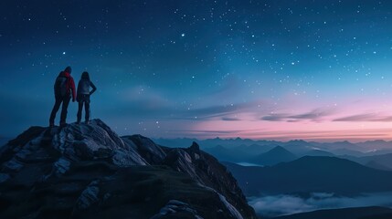 An enchanting image of mountaineers standing on a mountain summit at dusk, their faces filled with wonder and awe as they take in the breathtaking view of the night sky unfolding above.