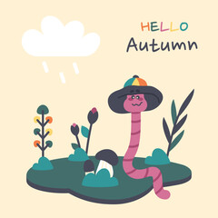 Autumn greeting card with text. Cute pink earthworm in rain hat on lawn with fall flowers, mushrooms. Clipart. Hand drawn cartoon character in color Wide brimmed hat hides from rain. Vector