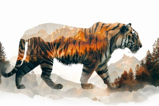 Double exposure of a tiger walking with a scenic mountain landscape, blending nature and wildlife in an artistic, dreamlike manner. - Powered by Adobe