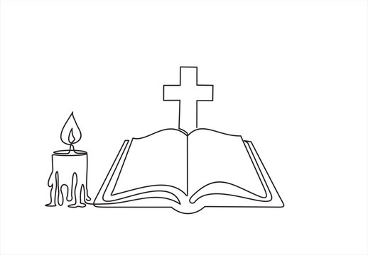 recommend clip art: Continuous one line drawing silhouette of Bible and candle. Bible linear icon. One line drawing background. Vector illustration. Line art of Bible