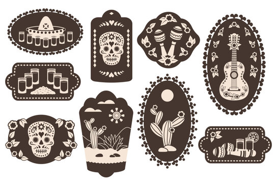 Set of Tequila sticker. Vertical oval Vintage labels with Mexican national elements. Tequila shots. Maracas, guitar, skull, glasses, cactus, hat. Vector illustration for restaurant, menu, bar