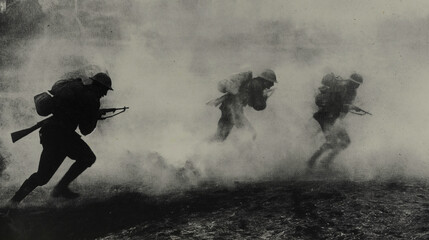 Soldiers charging through smoke and gunfire on battlefield