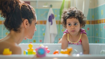 Bathroom Conversation: Illustrate a scene in the bathroom where a young mother is scolding her daughter, who sits on the edge of the bathtub, with bath toys floating nearby.