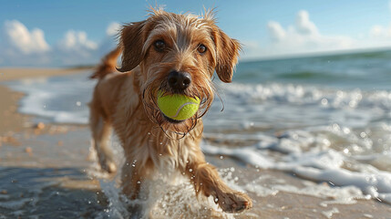 happy playful dog catching a tennis ball in the beach, pet on summer vacation