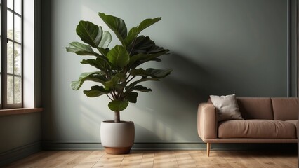Interior home of living room with brown sofa and plant on sage green wall