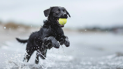 happy playful black dog catching a tennis ball in the beach, pet on summer vacation