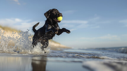 happy playful black dog catching a tennis ball in the beach, pet on summer vacation