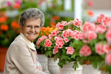 Fototapeta premium Elderly woman smiling among vibrant pink begonia flowers