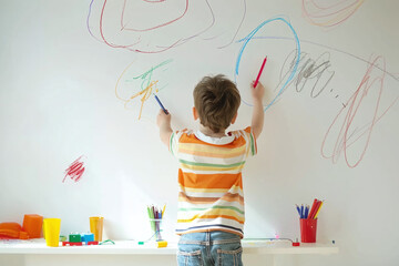 a toddler boy scribbling with color crayons on the wall