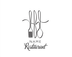 Continuous one line drawing of spoon, knife and fork. Restaurant menu concept.
