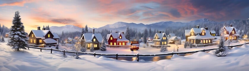 winter village surrounded by snow - covered trees and a tall tree, with a white building in the foreground