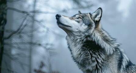Naklejka premium Gray wild wolf looking up, mystic junglecore, balance, scoutcore wild nature