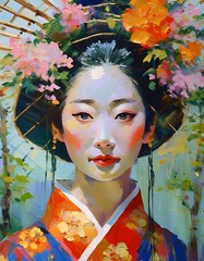 portrait of a beautiful young woman in a traditional japanese dress with a cherry blossoms