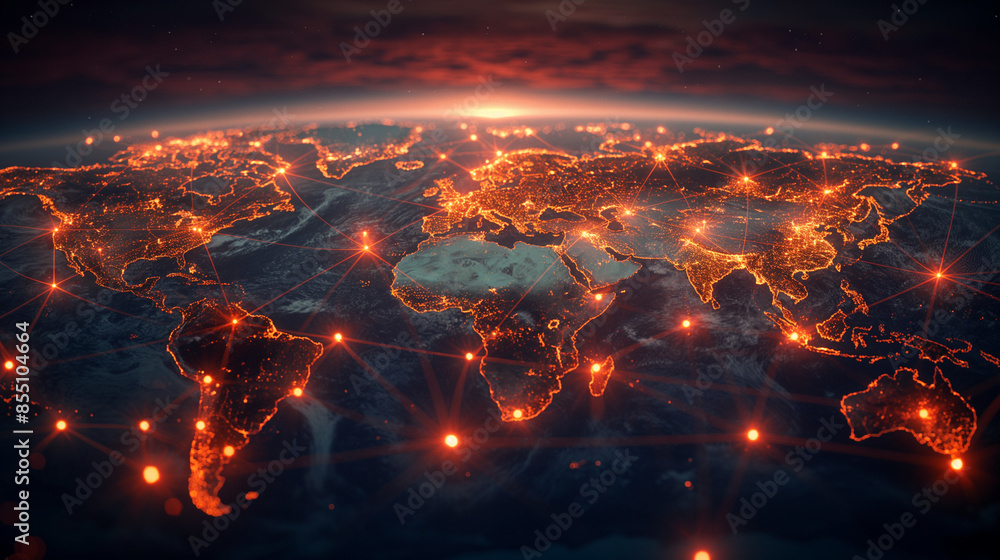 Wall mural Business and economic growth on global business network, Data analysis of financial and banking, Stock, Technology and data connection, Security, Blockchain and Networking. Generative AI Illustration.