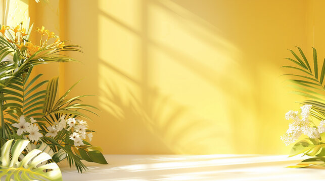 Abstract Yellow Gradient Studio Background with Shadows of Window, Flowers, and Palm Leaves for Product Presentation and Interior Decoration.