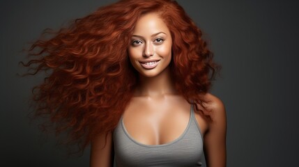 Fototapeta premium Beautiful, sexy, happy smiling dark-skinned African American woman with perfect skin and red hair, on a silver background, banner.