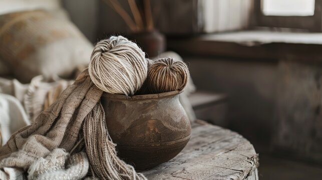 Rustic wool yarn and cloth in a round vase